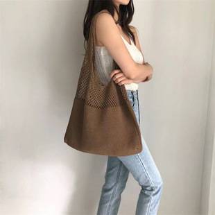 New Korean-Style Ins Knitted Solid Color Shoulder Bag, Hollow-Out Handbag, Large Capacity Tote Bag, Women's Crossbody Bag