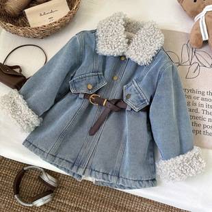 2024 Winter New Korean Style Girls' Blue Long-Sleeved Denim Thickened Dress Baby Fashionable Children's Dress Cl5601