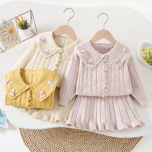 Girls' Sweater Set with Bunny Motif and Big Collar, Knitted Skirt, New Autumn/Winter Sweet Korean Style Princess Dress for Baby Girls