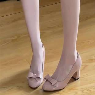 2025 New Thick Heel Round Toe Bow High Heels Nude Pink Gentle Whitening 6cm Mary Jane Women's Shoes
