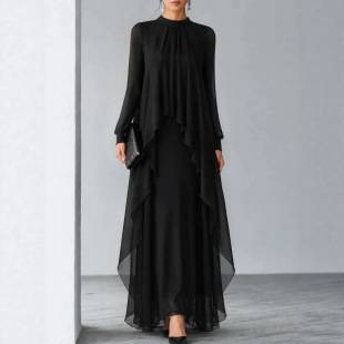 High-End Feel Stand-Collar Pleated Chiffon Long Dress, Long-Sleeve Sheer Ruffle Fake Two-Piece Gown, Export