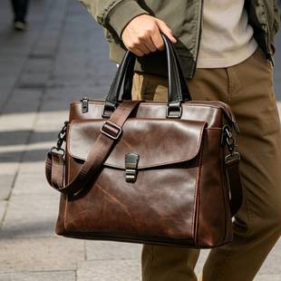 Men's Bag Handbag Horizontal Style Crazy Horse Leather Briefcase Men's Business Trip British Korean Style Shoulder Bag Crossbody Bag