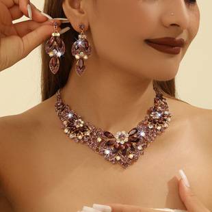 Cross-border TEMU Europe and the United States exaggerated atmosphere crystal necklace earrings suit bride wedding alloy chain women's accessories