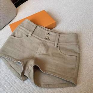 khaki American Style High Waist Figure Flattering Hip Denim Shorts Women's Spice Girls Summer New Style Casual Straight Leg Pants