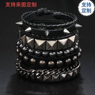 New Cross-border Hot Selling Skull Five-pointed Star Alloy Accessories Four-piece Cowhide Bracelet Amazon AliExpress