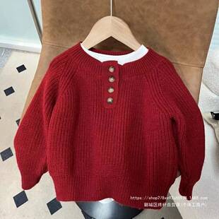Autumn and winter children's red sweater, round neck, Korean style, long-sleeved base layer for little girls, fashionable baby top