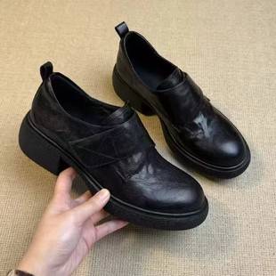 Velcro Sports Tire-Soled Loafers for Women, Chunky Heel 5cm, British Style Small Leather Shoes, High-Heeled Women's Shoes, Birkenstock Shoes