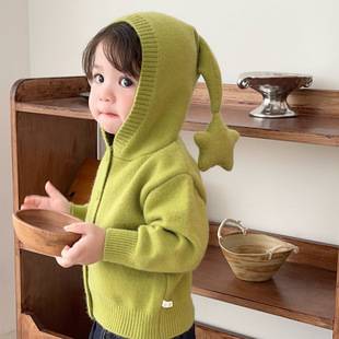 Baby Fun Star Pattern Hooded Knit Cardigan, New Spring/Autumn Style, Matcha Green Wizard Hat Soft Sweater for Boys and Girls