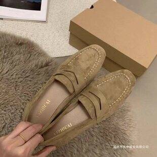 Women's slip-on flat retro loafers 2026 spring/autumn suede moccasins British style suede single shoes for women