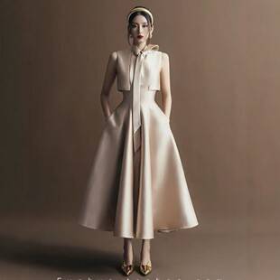 Satin sleeveless evening dress with bow, elegant and slimming A-line long gown for banquets