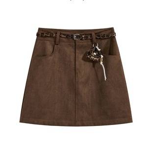 Korean Style Coffee-Colored Suede Skirt for Women, Plus Size, Thickened High-Waisted A-Line Bodycon Skirt for Spring and Autumn, Short Skirt for Trendy Girls