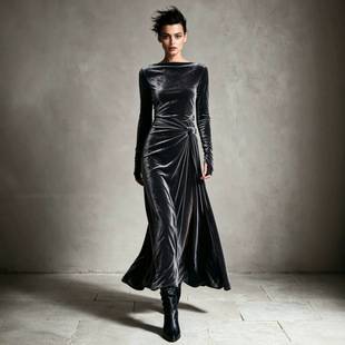 2026 European and American cross-border autumn/winter new collection: women's velvet dress, featuring a boat neckline, long sleeves, a twisted design, a slit, and a long, elegant silhouette suitable for evening wear