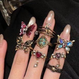 Dark Series~Butterfly Sunflower Niche Open Ring for Women, Vintage Fashion Index Finger Ring, Unique Finger Ring Jewelry