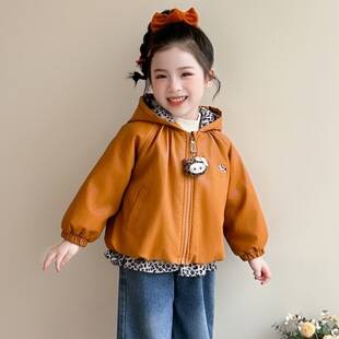 Girls' Cat-Themed Leather Jacket, Autumn/Winter 2026 New Style, Baby Hooded Jacket, Winter Clothing, Children's Padded Top