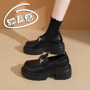 Yang Mi Style Thick-Soled Loafers for Women, Genuine Leather Black Small Leather Shoes, Size 34 for Petite Individuals, Height-Increasing Commuter Shoes, Non-Slip