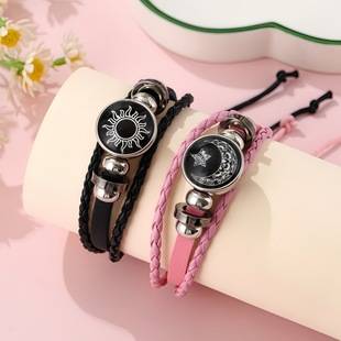 Sun and Moon Lovers Time Gemstone Bracelet Couple's Handmade Multi-Layer Woven Leather Chain Festive Elements Couple's Bracelet