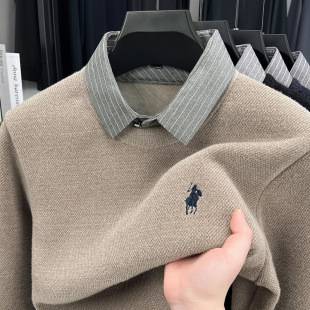 Knitted Bottoming Shirt Autumn and Winter Men's Sweater Shirt Collar Fake Two-Piece Top Men's Winter Fashion Warm Long Sleeves