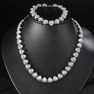 Popular Fashion Glass Heart-Shaped Diamond-Encrusted Cuban Women's Accessory Necklace Bracelet Jewelry Set, Light Luxury Niche Style