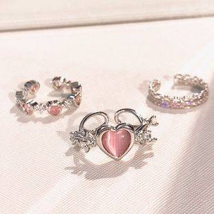 Sweet Cool Pink Diamond Love Ring Women's Niche Design Sense Ring Fashionable Personalized Finger Ring Opening Adjustable