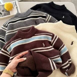 Children's Fleece Knitwear Autumn and Winter New Style Boys' Trendy Brand Stripesd Embroidered Knitwear Baby Kidsren's Pullover Cross-Border