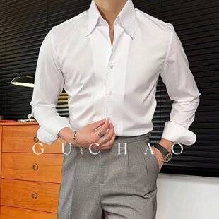 French-Style Large Pointed Collar Shirt for Men, Long-Sleeved, High-End, Slim Fit, Stylish, Wrinkle-Free V-Neck Shirt, Business Casual, Autumn Season