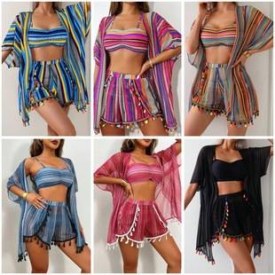 2025 Bikini Four-Piece Set European and American Middle Eastern Cross-Border Sun Protection Cover-Up Sexy Tassel Swimsuit Set Quick-Drying
