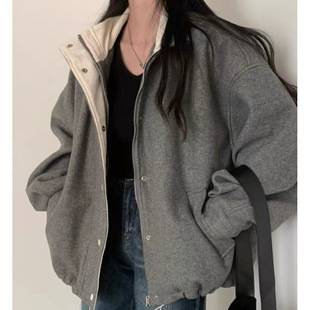 French Retro Grey Woolen Coat Women's 2025 Spring New Elegant Loose Jacket Baseball Suit Coat Top