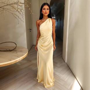 2025 European and American Cross-Border Amazon Autum New One-Shoulder Sexy Slit Satin Halter Dress Elegant Dress