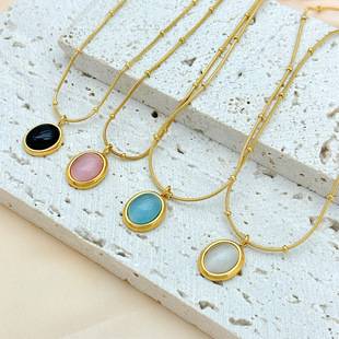 Cat's Eye Stone Pendant Necklace Small Round Bead Oval Women's Clavicle Chain Simple Fashion Versatile Chain Korean Style Crystal Short Style