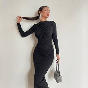 New European and American Style Amazon Cross-Border Slim-Fit Back Zipper High-End Solid Color Elegant Long Bodycon Dress