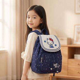 Children's navy-style backpack, featuring a Hello Kitty cartoon and polka dot design, with a drawstring closure, cute and adorable, suitable for girls and students