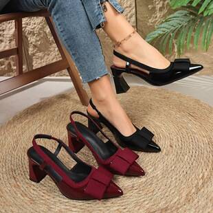 2026 Summer New Cross-Border Bowknot European and American High-Heeled Sandals for Women, Large Size, Chunky Heel, Pointed Toe, Closed-Toe Sandals in Stock