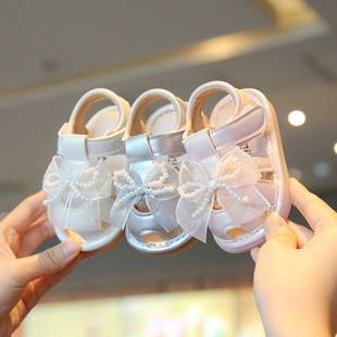 Baby Girl Summer Style Closed-Toe Sandals, Soft-Soled Toddler Shoes, Girls' Bowknot Princess Shoes, Non-Slip Squeaky Shoes