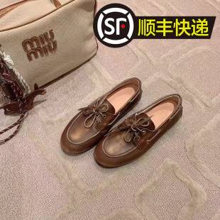 Full Cowhide ~ Genuine Leather Flats Loafers for Women 2025 New Handmade Distressed Bow Brown Small Leather Shoes Flats
