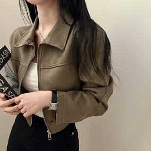 Korean chic autumn retro stylish lapel zipper loose versatile long-sleeve faux leather short jacket for women