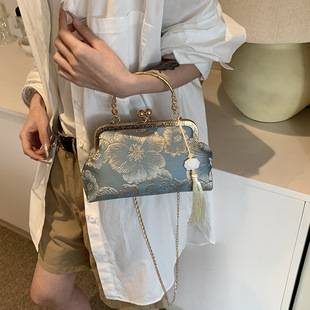 Chinese-style cheongsam gold-trimmed bag, popular light-luxury handmade fabric shoulder and crossbody bag, Chinese-style Hanfu retro handbag