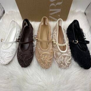 Za 2022 New Women's Shoes Spanish Embroider Fashion Low-Top Embroidered Mesh Shoes for Women