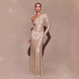 Romantic French High-End Irregular Sloping Shoulder Dress Sexy Off-Shoulder Waist-Cinching Sparkling Diamond Banquet Dress