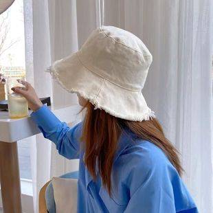 Women's Summer Korean Style Trendy Japanese-Style Frayed Fisherman Hat Black Student Simple Frayed Sun Protection Bucket Hat Sunshade Hat