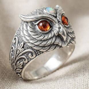 Sanjie Cross-Border New Alloy Jewelry Creative Owl Ring with Carved Vintage Pattern and Ruby Gemstone for Women