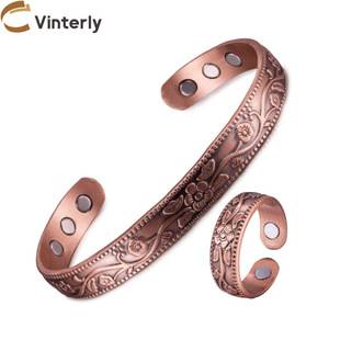 Pure Red Copper Bracelet and Ring Set with Magnetic Vintage Plum Blossom Vine Pattern, Adjustable Open Design, Purple Copper, Width 9mm