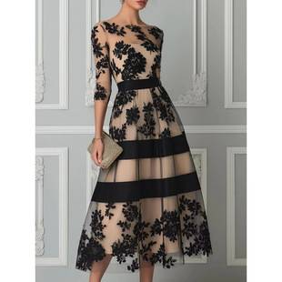European and American women's fashion mesh midi dress with off-shoulder design, three-quarter sleeves, flocked floral stripes, and a waist-cinching design