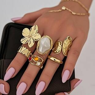 European and American Cross-Border Design-Inspired Liquid Lava Flower Open Ring, Ins Baroque Imitation Pearl Inlaid Gemstone Ring