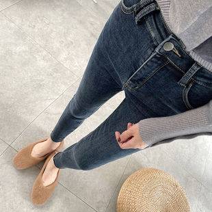 2025 Spring and Autumn Blue-Gray New Style Pencil Stretchy Frayed Hem Skinny Jeans for Women High Waist Versatile Nine-Tenths Length