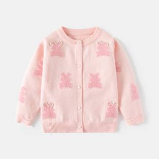 Children's clothing girls imitation mink beaded rabbit knitted cardigan coat a generation of baby core-spun yarn open chest sweater