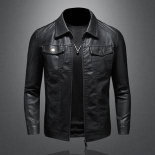 Men's Leather Jacket 2024 New Spring, Autumn and Winter Korean Style Slim Trendy Fleece-Lined Thickeneded Motorcycle Jacket Men's Leather Jacket