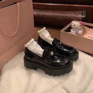 Grape Home ~ Cowhide Version of Noble Small Gold Coin Round-Toe Leather Shoes Thick-Heeled Thick-Soled Flats One-Leg Loafers for Women in Autumn
