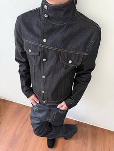 14.5 oz imported classic loose fit raw denim jacket with a slanted collar, stiff and unwashed, men's workwear jacket