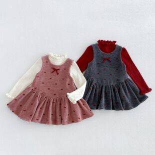 Girls' snow cotton vest dress, winter baby cute bowknot fleece dress, children's dress z6501