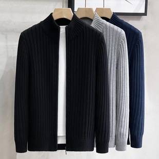 Autumn and Winter New Striped Sweater Trendy Brand Stand Collar Knitwear Jacket Men's Korean Style Outerwear Zipper Casual Men's Jacket